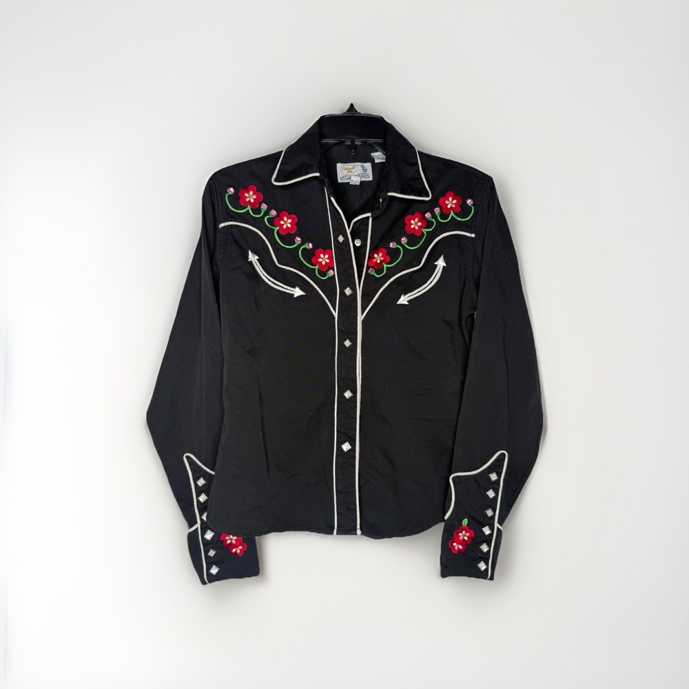 Vtg Panhandle Slim Black Floral Accent Western Shirt Size S Pearl Diamond Snaps